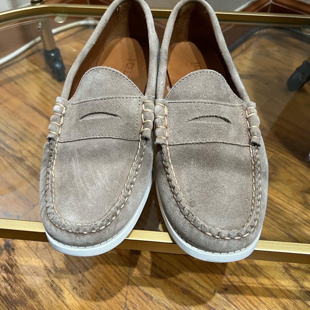 J Crew Taupe  Suede Penny Loafers , Men’s Size 9 . In perfect condition.